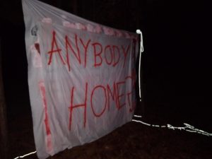 Banner in treeline that says "ANYBODY HOME?"