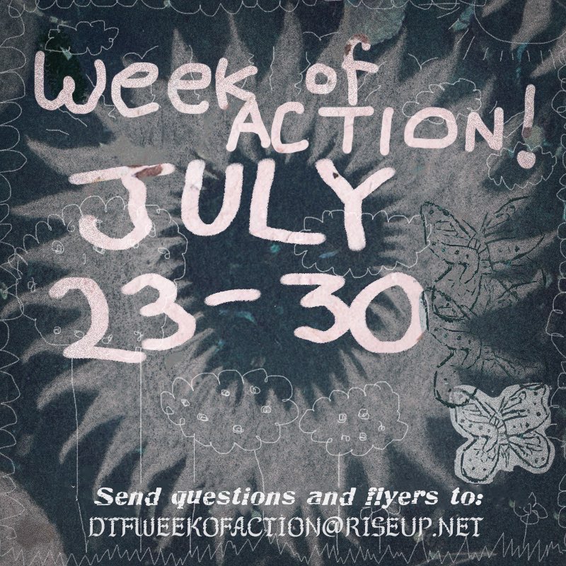 Week of Action! July 23-30. Send questions and flyers to dtfweekofaction@riseup.net