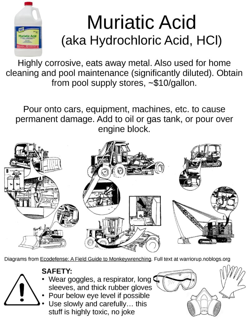 Muriatic Acid (aka Hydrochloric Acid, HCl)Highly corrosive, eats away metal. Also used for home cleaning and pool maintenance (significantly diluted). Obtain from pool supply stores, ~$10/gallon. Pour onto cars, equipment, machines, etc. to cause permanent damage. Add to oil or gas tank, or pour over engine block. [diagrams of oil caps on heavy machines] Diagrams from Ecodefense: A Field Guide to Monkeywrenching. Full text at warriorup.noblogs.org SAFETY: Wear goggles, a respirator, long sleeves, and thick rubber gloves Pour below eye level if possible Use slowly and carefully… this stuff is highly toxic, no joke